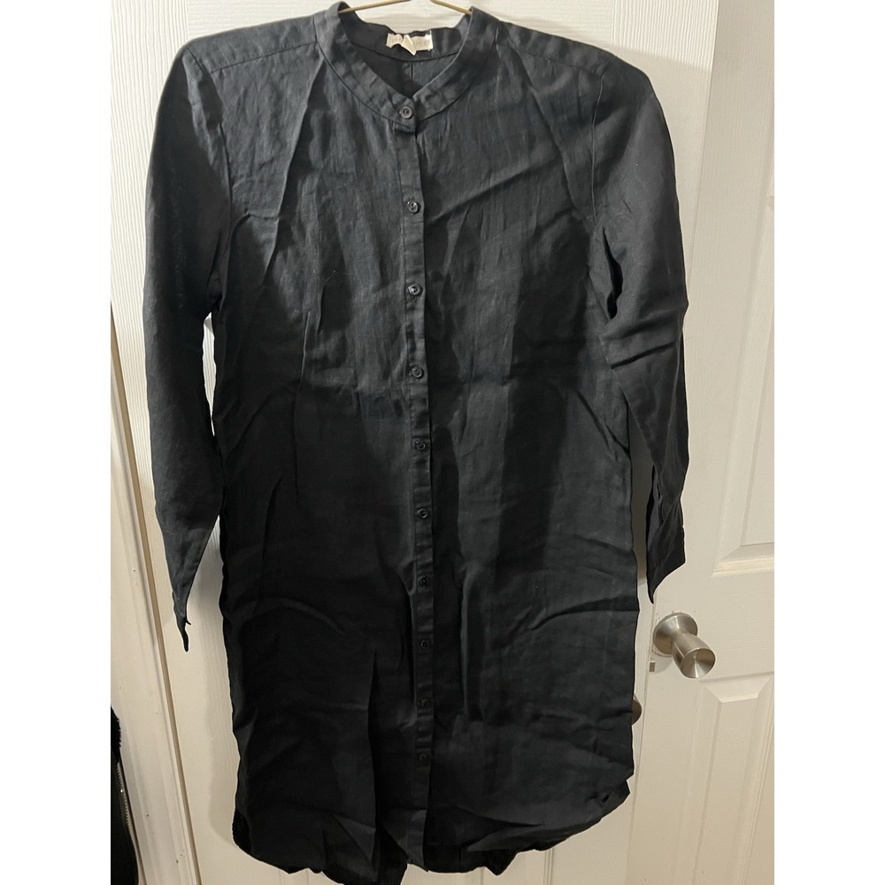 Eileen Fisher XS Organic Cotton Mandarin Collar‎ Shirt Dress Black